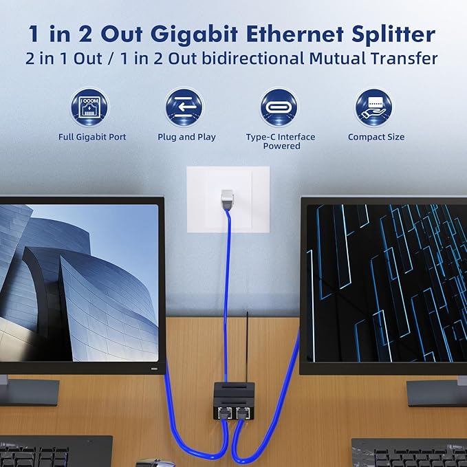 Binardat 1 to 2 Gigabit Network Splitter, 3 Port Gigabit Ethernet Switch - Image 2