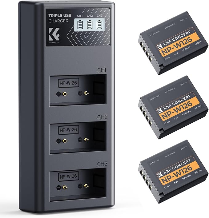 K&F CONCEPT 3-Pack NP-W126 Battery and Upgraded 3-Slot NP-W126S XT30III Battery by KFCONCEPT