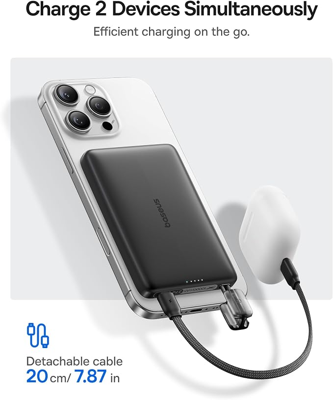 Baseus Picogo Qi2 15W Magsafe Portable Charger, 0.5" Ultra Slim 10000mAh Wireless Power Bank with 27W Built-in USB-C Cable, Magnetic Battery Pack for iPhone 17 Pro Max/17 Pro/Air/16/15/14/13/12 - Image 6