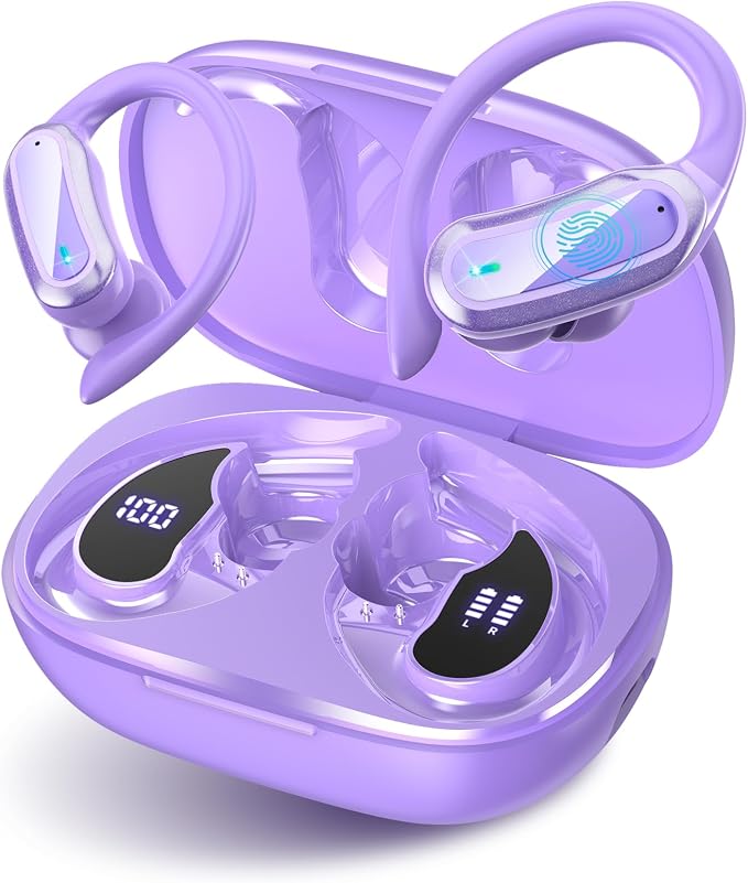 TRAUSI Wireless Earbuds Bluetooth Headphones, 54H Playtime Stereo Over Ear Buds with ENC Noise Cancelling, LED Power Display, IPX7 Waterproof Sport Earphones with Earhooks for Running/Workouts Purple by TRAUSI