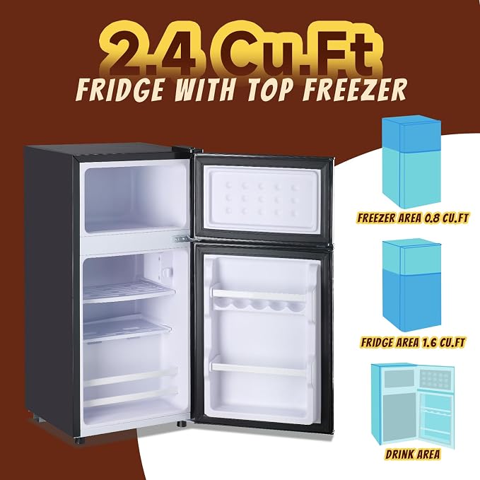 2.4 Cu.ft Mini Fridge with Freezer Dual Door Small Fridge Dark Gray | Bottom Drink Holder 2 Plastic Shelves 7 Temp Control - Image 3