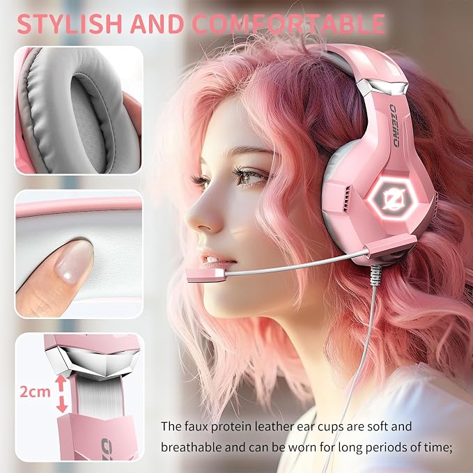 Ozeino Gaming Headset for PC, Ps4, Ps5, Xbox Headset with 7.1 Surround Sound, Gaming Headphones with Noise Cancelling Mic RGB Light Over Ear Headphones for Xbox Series X/S, Switch-Pink - Image 2