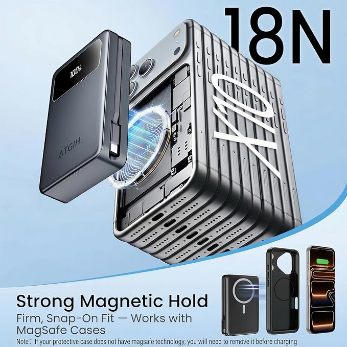 20000mAh Magsafe Wireless Power Bank, 5-in-1 Portable Charger with 2 Built in Cables, 20W PD Fast Charging for Magnetic Battery Pack Phone Charger, for iPhone 17 16 15 14 13, 12，All Series - Image 3
