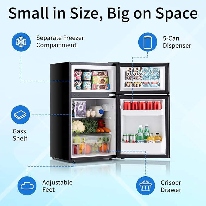 Refrigerator 3.2 Cu.Ft Mini Fridge with Freezer, 7-Temperature | Double Door Compact Refrigerator, Adjustable Thermostat & Removable Shelves for Dorm Apartment (2 Door) - Image 3