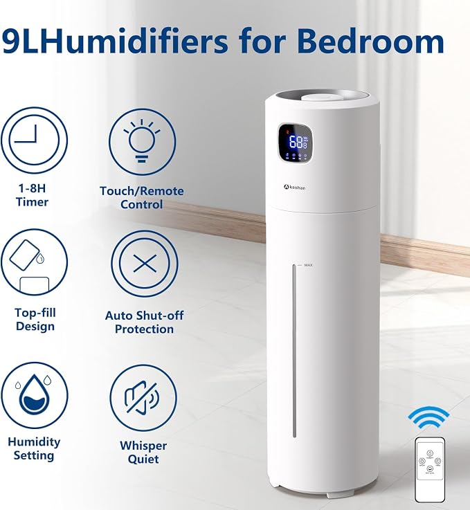 Large Humidifiers for Bedroom, 9L/2.5Gal Ultrasonic Cool Mist, Top Fill Easy Clean with 350ML/H Mist Speed, Quiet, Suitable for Kids Room Plant Yoga Office Study Room Living (White, Round) - Image 2