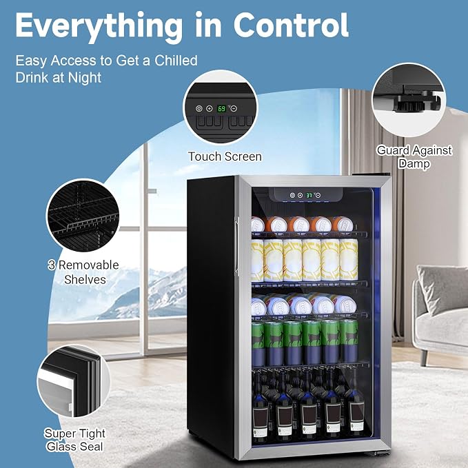 Erivess Beverage Refrigerator and Cooler, 110 Can/3.1 Cu Ft Mini Fridge with Glass Door, Adjustable Shelves for Soda,Bee,Wine, Free Standing Small Refrigerator, Digital Display, for Home, Bar, Office - Image 2