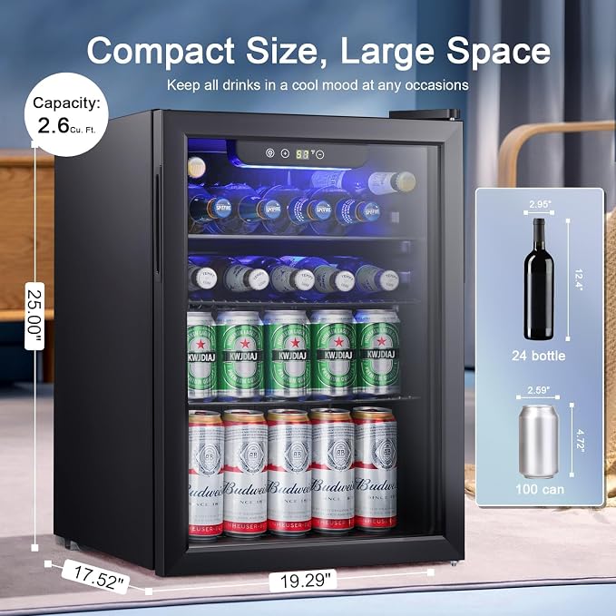 Antarctic Star Beverage Refrigerator Cooler-85 Can Mini Fridge Glass Door for Soda Beer Wine Stainless Steel Glass Door Small Drink Dispenser Digital Display for Home, Office Bar,2.6cu.ft - Image 2
