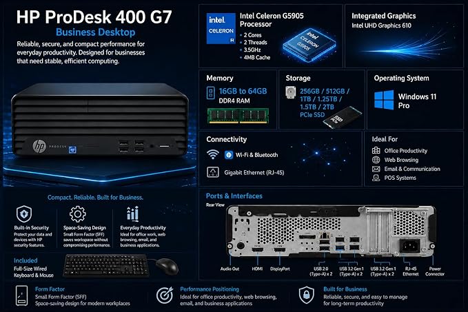 HP ProDesk 400 SFF Business Desktop Computer, Intel CPU, 16GB RAM, 2TB HDD + 512GB PCIe SSD, Dual 4K Display Support, Type-C, DisplayPorts, Wi-Fi, HDMI, Wire Keyboard & Mouse, Windows 11 Pro - Image 2