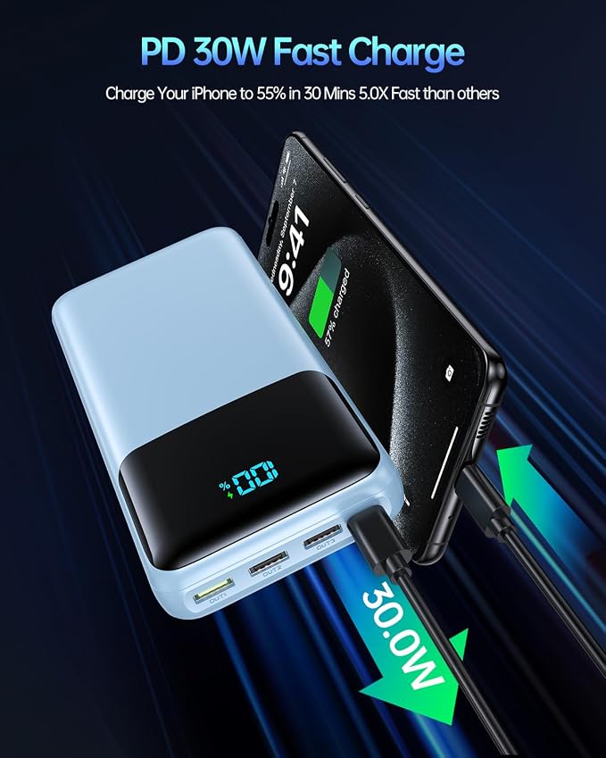Portable Charger 50000mAh Power Bank, USB-C PD 30W Fast Charging, High Capacity External Battery Pack for Camping, Portable Phone Charger for iPhone 17/16/15/14/13/12/11 Samsung Android (Sky Blue) - Image 3