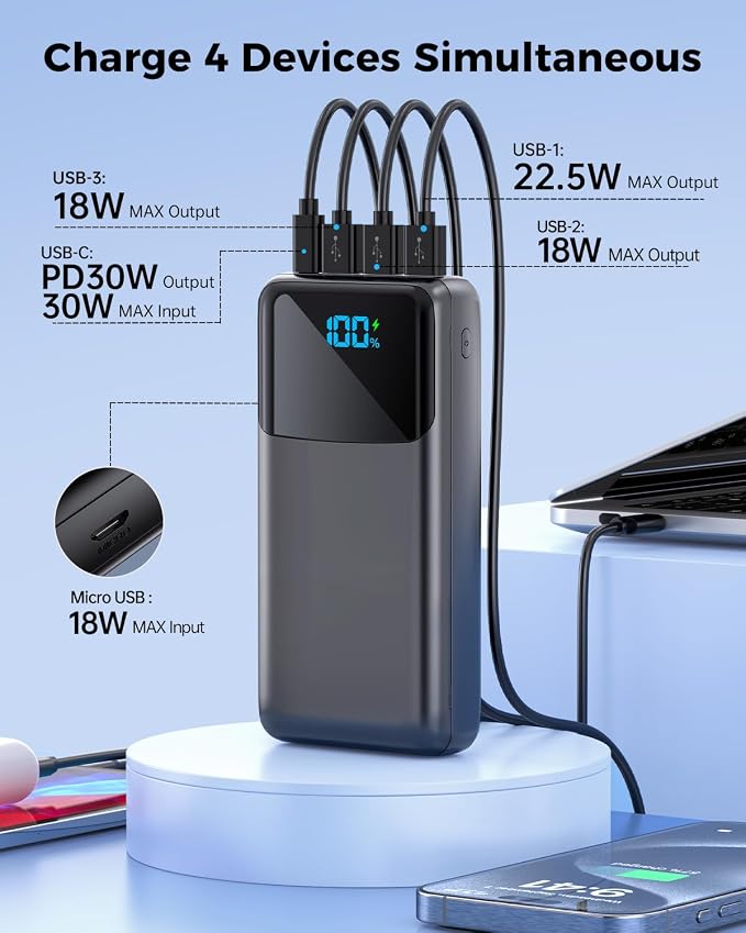Portable Charger Power Bank 50000mAh, USB-C PD 30W Fast Charging External Battery Pack, Portable Phone Charger for iPhone 17/1615/14/13/12/11 Samsung Android (Gray) - Image 3