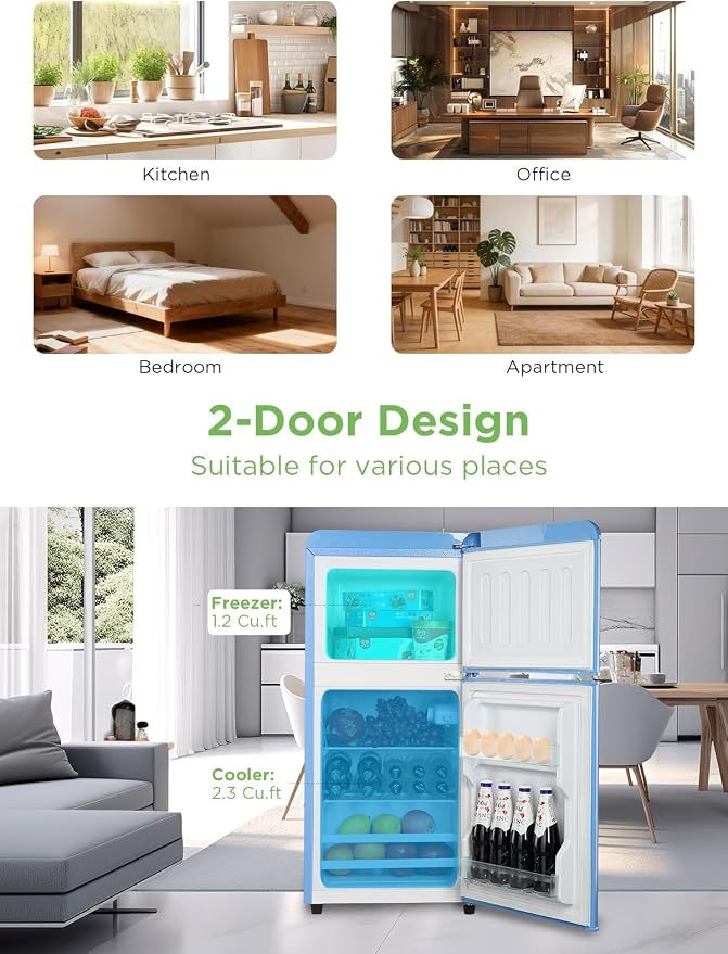 F.W.WOOLWORTHS 3.5 Cu.Ft Refrigerator with Freezer | Compact Fridge with 2 Doors for Office, Kitchen, Dorm and Bedroom, 7 Level Temp Adjustable Thermostat, Blue - Image 4