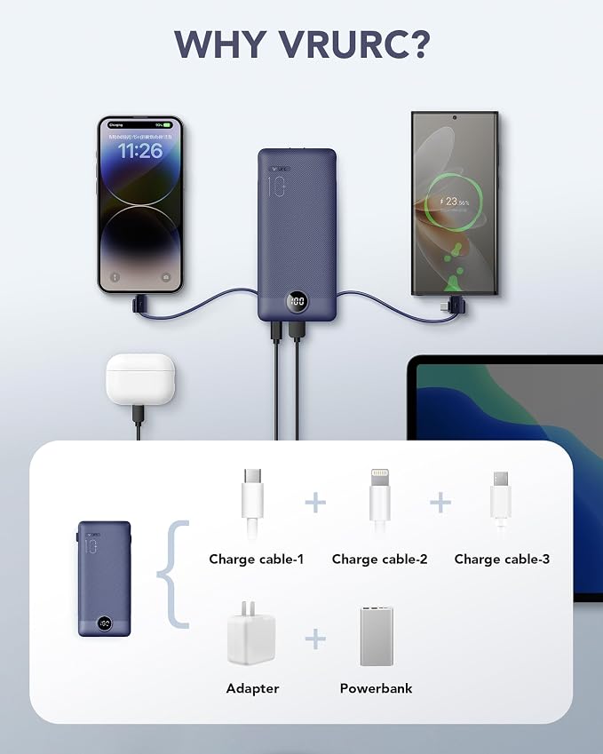 VRURC Portable Charger Built-in Cables and AC Wall Plug, USB C Power Bank 10000mAh, Travel Battery Portable Phone Charger Compact Lightweight External Battery Pack for Smart Phones, Tablets etc-Navy - Image 5