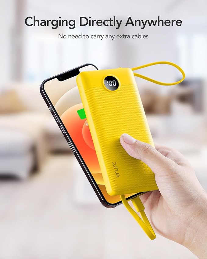 VRURC Portable Charger with Built-in Cables, 10000mAh LED Display USB C Power Bank, Slim Travel Battery Pack with 5 Output 2 Input Compatible with iPhone 17 16 15 13,Samsung,Android etc-Yellow(1 Pack) - Image 7