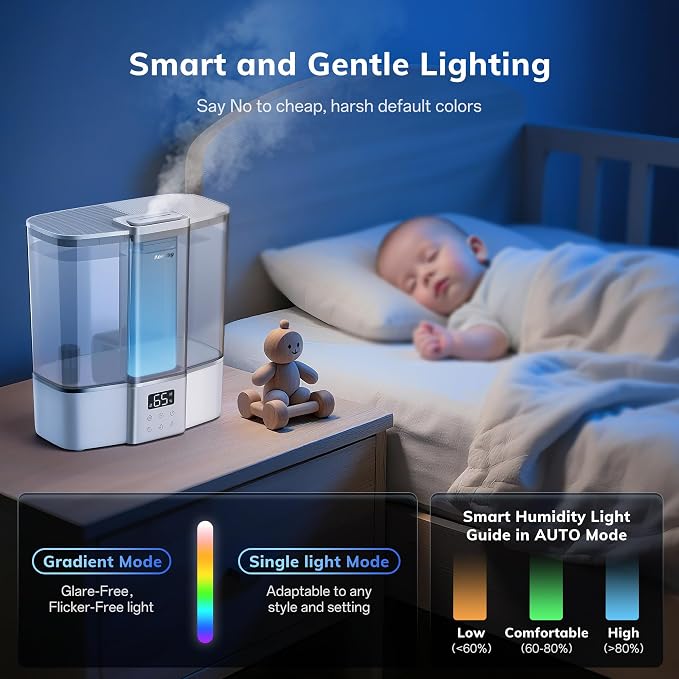 Geek-Level Aeocky Humidifier for Baby, Quiet Ultrasonic Humidifiers for Bedroom, Nursery with Ambient Light, 4L Top-Fill Cool Mist Diffuser with Timer, Sleep, Auto, Constant Humidity Mode - Image 6