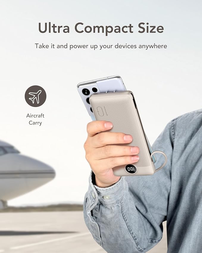 VEGER Portable Charger with Built-in AC Plug and Cables, All in One 10000mAh Ultra Slim Power Bank Travel Essentials, Fast Charging Battery Pack Compatible with iPhone, Samsung, Android (Coffee) - Image 8