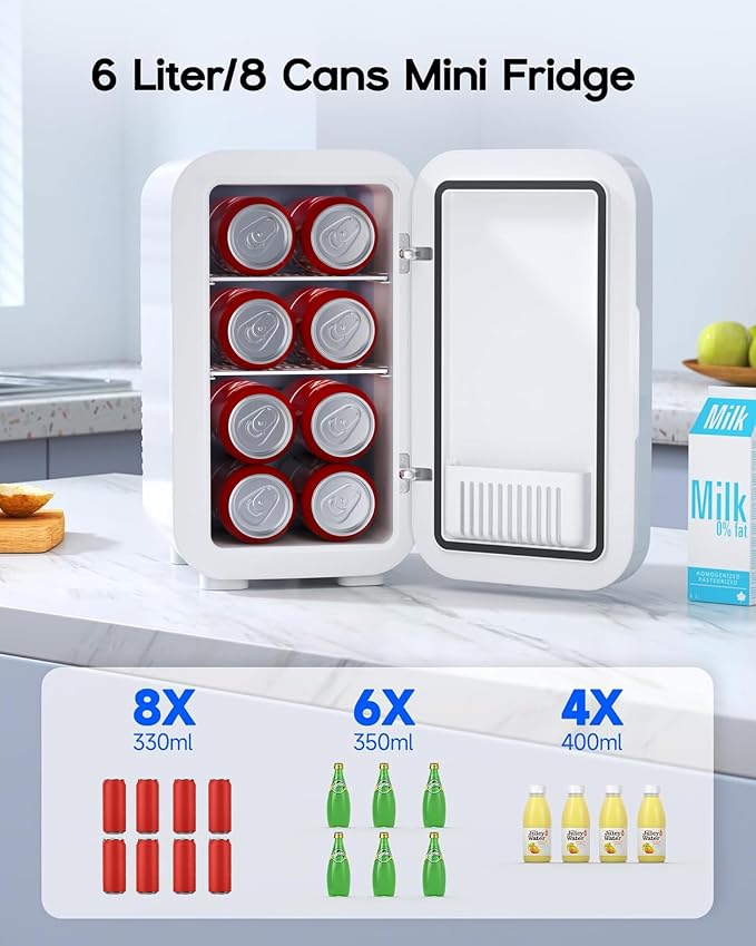 BEICHEN Mini Fridge,6 Liter / 8 Can Small Fridge for Bedroom, Car, Office | AC100-120 V/DC 12 V Portable Thermoelectric Cooler & Warmer for Skincare, Food, Drinks,White - Image 2