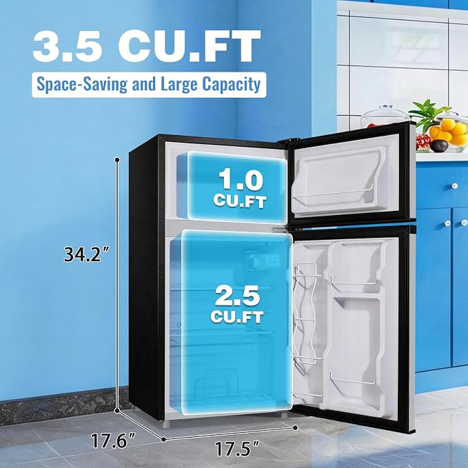 3.5 Cu.Ft Compact Refrigerator Silver, Dual-Door MIni Fridge for Home | 2 Removable Glass Shelves, Large Capacity with 7 Settings, Low Consumption for Dorm Apartment - Image 8