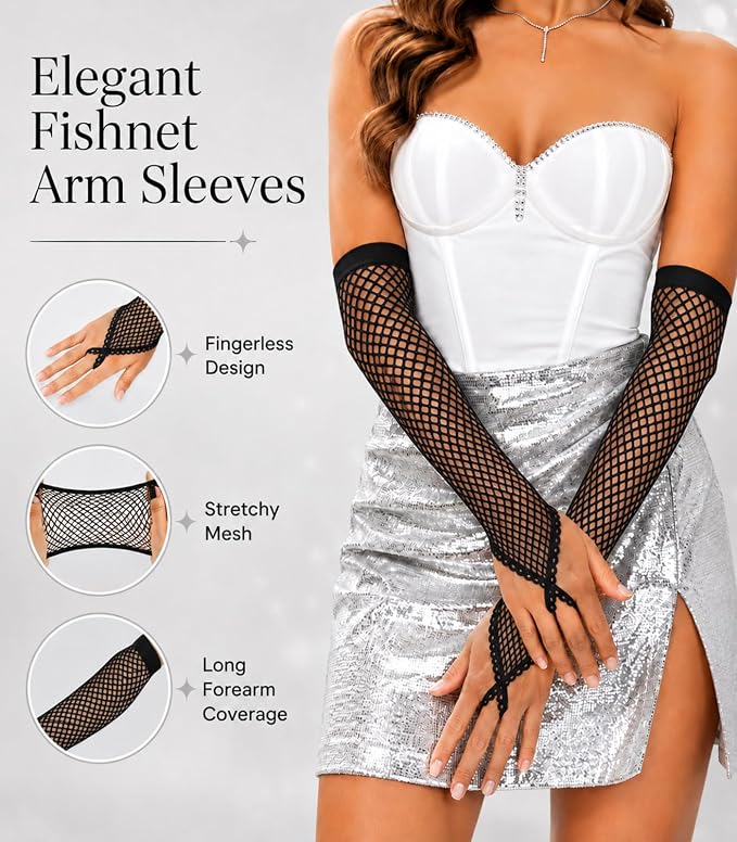 Seeksmile Women's Girls 80's Theme Party Emo Fingerless Arm Fishnet Gloves - Image 5