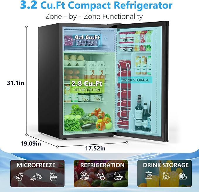 COWSAR 3.2 Cu.Ft Mini Fridge with Freezer for Bedroom Dorm, Black | Single Reversible Door, 7 Temperature Settings, Energy Saving, 2 Removable Glass Shelves, Small Refrigerator for Apartment - Image 2