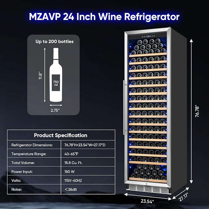 Large Wine Cooler Refrigerator 24 Inch, 200 Bottle Wine Fridge with Professional Temperature Control, Built-in/Freestanding Tall Wine Refrigerator, Low Noise & Sliding Rail Shelves, For Home Bar - Image 7