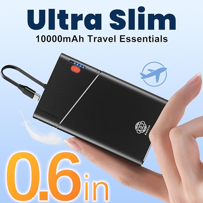 Aaoyun Portable Charger Power Bank, 10000mAh 22.5W PD Fast Charging Powerbank with Built-in USB C Cable, Slim External Phone Battery Pack for iPhone 17/16/15 Samsung S24 Android etc (Black) - Image 3