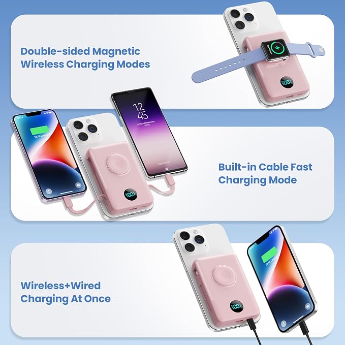 Magnetic Portable Charger for MagSafe with Built-in Cable,iWatch Charger,10800mAh Wireless Power Bank Travel Essentials,25W PD Fast Charging Battery Pack for iPhone 17/16/15/14/13/12,Apple Watch-Pink - Image 4