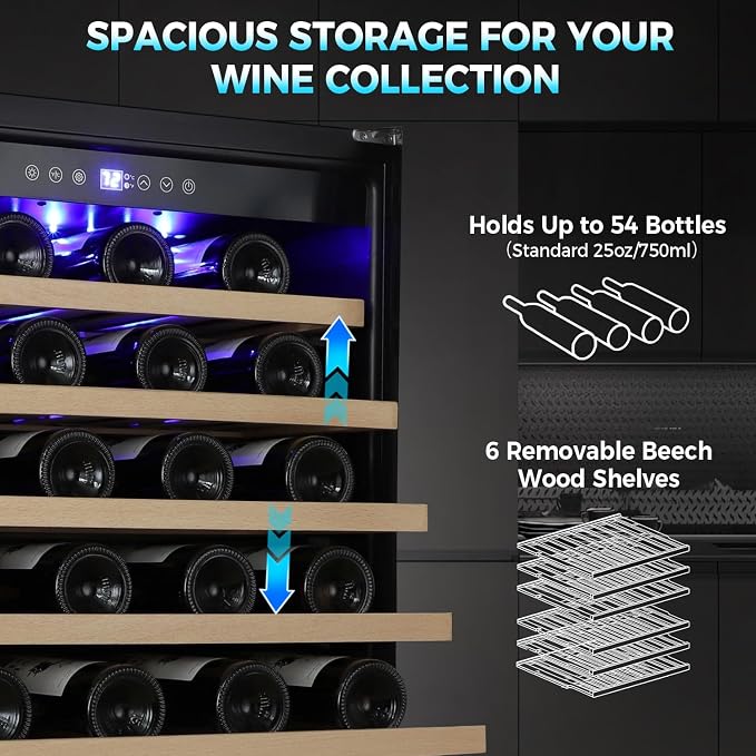 24 Inch Wine Fridge, 54 Bottle Wine Cooler Refrigerator with Stainless Steel Glass Door, LED Display, Upgraded Compressor, Built-In or Freestanding for Home Bar Kitchen - Image 5