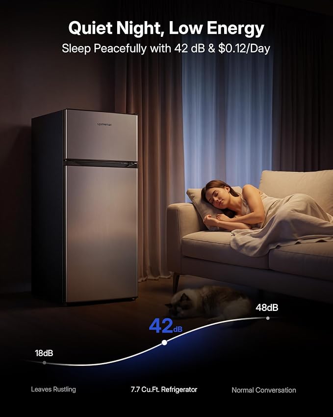 Upstreman 7.7 Cu.Ft. Refrigerator with Freezer Double Door Refrigerator | 7 Adjustable Thermostat, Large Capacity, Reversible Door Swing, Refrigerator for Apartment, Office, Dorm, Stainless (SD75) - Image 6