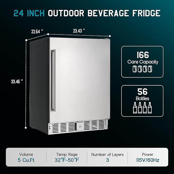 Albott 24 Inch Outdoor Beverage Fridge, 5.0 Cu.Ft Beverage Refrigerator | Holds 166 Cans, 32-50°F Drink Cooler with IPX4 Waterproof Design, Auto-Defrost, Built-In or Freestanding for Patio & Backyard - Image 8