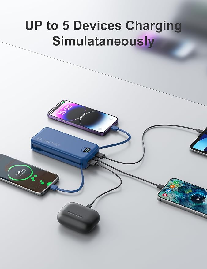 20000mAh Ultra-Portable-Charger-Power-Bank with Built in Cables&AC Wall Plug,PD20W USB-C Fast Charging Cell Phone Charger Battery Pack,LED Display Travel Battery Bank for All iPhone,Samsung,Android - Image 7