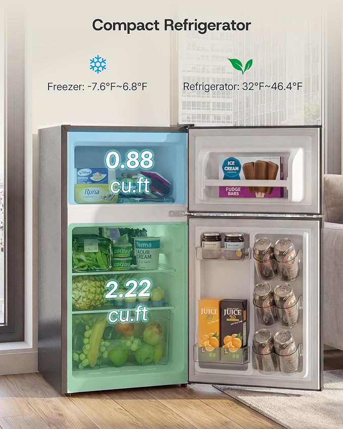 Upstreman 3.1 Cu.Ft Mini Fridge with Freezer, Double Door Small Refrigerator, Adjustable Thermostat, Energy Star Certified Low Noise Mini Refrigerator for Bedroom, Dorm, Apartment Black-TM31 - Image 4