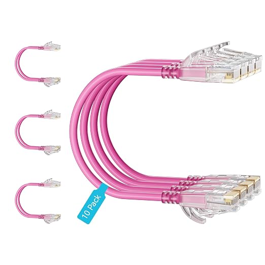 Cat6 Slim Patch Cables 2 Feet 10-Pack Pink, Cat6a Patch Cables 10Gbps 550MHz by Unknown
