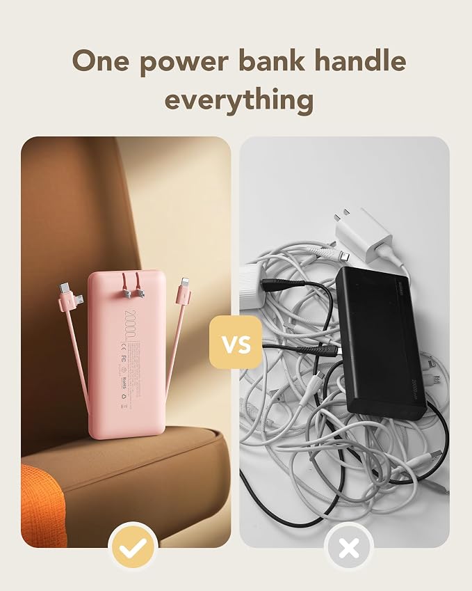 charmast 20000mAh Portable Charger with Wall Plug, Fast Charging Power Bank USB C, 20W PD Battery Pack with Built-in Cables Travel Essential for iPhone 16/15/14, Samsung, iPad More Devices (Pink) - Image 3