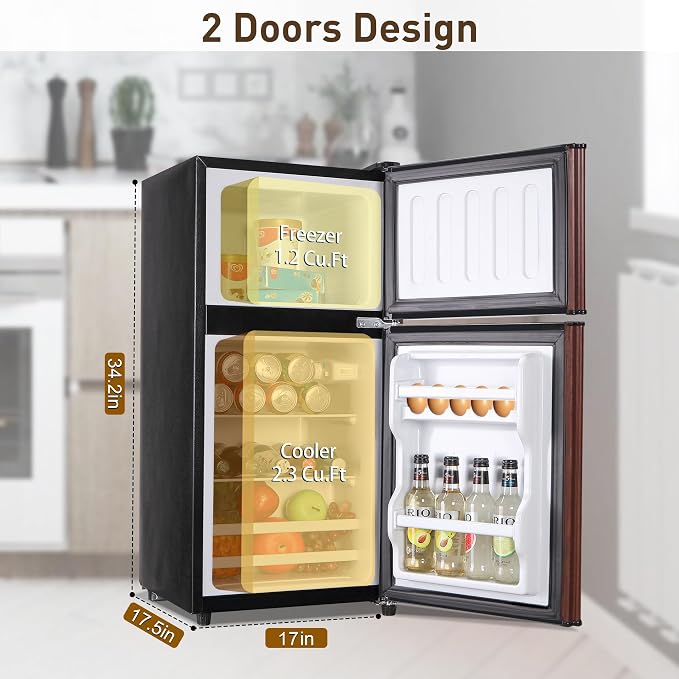 Mini Refrigerator with Freezer 3.5 Cu. Ft. Small Fridge with Freezer Wood | 2 Door Mini Fridge with 7-Level Adjustable Thermostat Removable Shelves, Compact Refrigerator for Office/Dorm/College/RV - Image 3