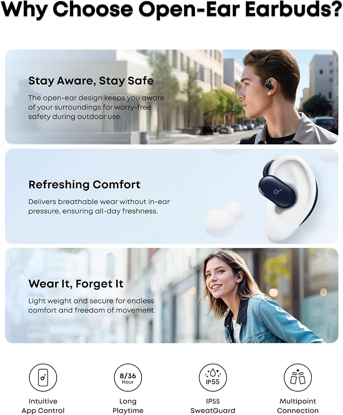 Soundcore V20i by Anker Open Ear Earbuds, Open Ear Headphones True Wireless | Adjustable Hooks, Ultra-Comfort, Snug Fit, Power Sound, Clear Calls, IP55, 36H Playtime, Bluetooth 5.4, Multipoint Connection - Image 7