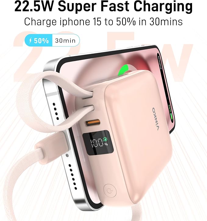 VINKO 10000mAh Power Bank Built-in Cables, Fast Charging with LED Display, Small Travel Battery Pack with Cords, Airplane Travel Essentials,Portable Phone Charger for iPhone 17 Smart Devcies(Pink) - Image 4