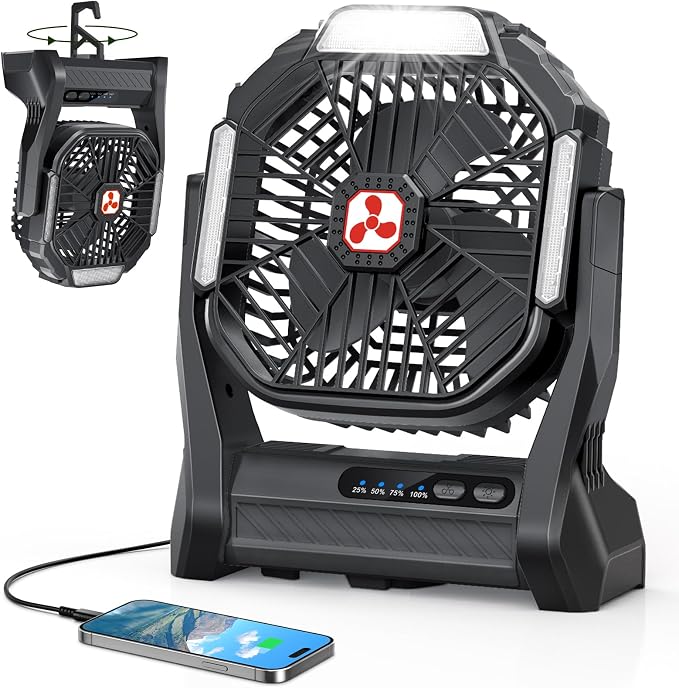 Portable Rechargeable Fan, 20000mAh Cordless Battery Powered Camping Tent Fans with LED Lantern, Small USB C Operated Outdoor Ventilador for Travel Camp Fishing Picnic Beach Office Home Essentials by Unknown