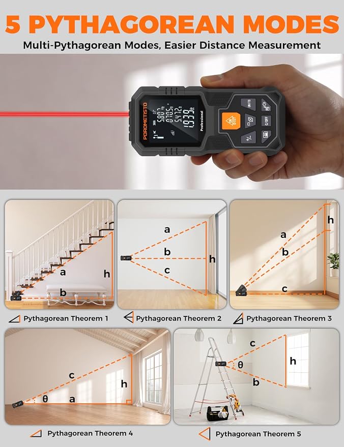 Laser Distance Meter POROMETISTO 164ft/50m, Digital Angle Finder, 12 Modes - Image 7
