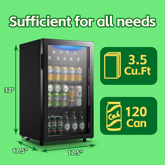 Beverage Refrigerator Cooler 3.5 Cu.Ft 120 Can Small Fridge Black | Large Capacity with Glass Door, LED Light & Adjustable Shelves for Soda Beer Wine, Perfect for Home Bar Office - Image 3
