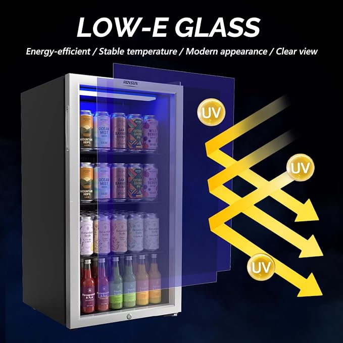 ROVSUN 3.3 Cu.Ft. Beverage Refrigerator Cooler with Double Layer Glass Door & Adjustable Shelf, Beverage Fridge for Home Office Bar, Quiet Mini Fridge Cooler w/Lock for Soda Wine Beer, 32-50°F, Black - Image 4