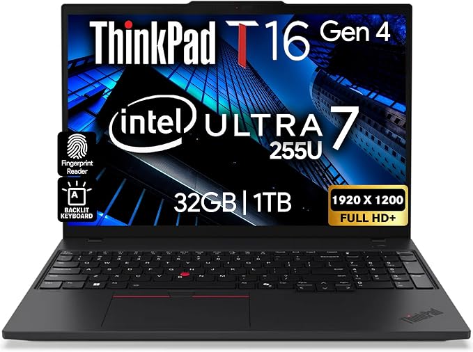 Lenovo ThinkPad T16 Gen 4 AI Business Laptop 16” FHD+ Display, Intel Ultra 7 255U (Beats i7-1355U), 32GB DDR5 RAM, 1TB SSD, 5MB Webcam, Fingerprint, Backlit KB, WiFi 6E + BT, RJ-45, HDMI, Win 11 Pro by LENOVO
