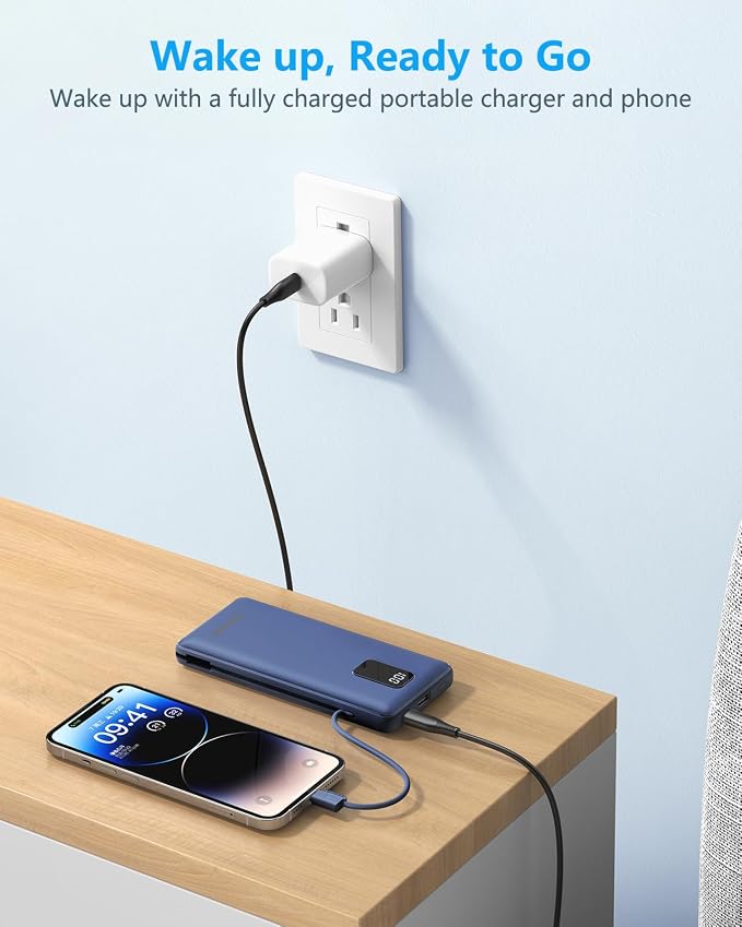 charmast Portable Charger with Built-in Cables and Plug, 10000mAh USB C Power Bank Fast Charging, External Battery Pack Slim, Travel Essentials Compatible with iPhones, Samsung Galaxy, iPad - Image 7