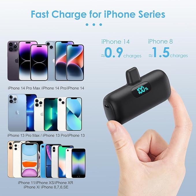[2 Pack] Small Portable Charger for iPhone14/13, 5000mAh PD Fast Charging Power Bank, LCD Display Cute Mini Battery Pack Compatible with iPhone 14/14 Pro Max/13/13 Pro/12 Pro/11/XR/X/8-Black+Pink - Image 2