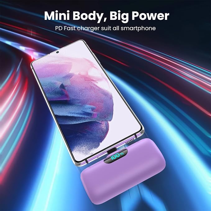 Mini Portable Charger 5000mAh Power Bank, 15w PD USB C Cell Phone Portable Power, LCD Display Battery Pack Compatible with Android Phone/Samsung Galaxy S22,S21/Note/Pixel/OnePlus 9 etc (Light Purple） - Image 2