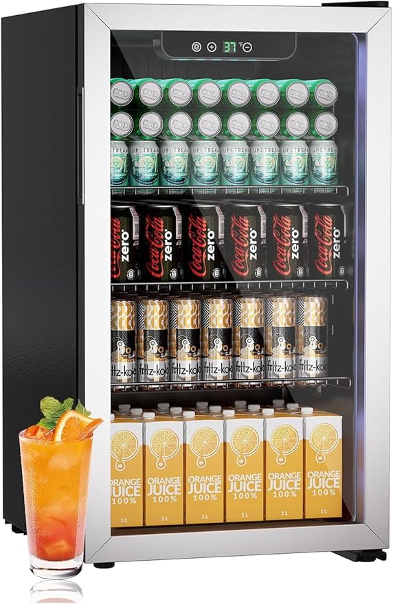 Erivess Mini Fridge 110Can Beverage Refrigerator Cooler Glass Door for Soda | 3.1 Cu Ft Drink Fridge for Home/Bar/Office with LED Display, Digital Temperature Control, Removable Shelves for Wine, Silver by Erivess