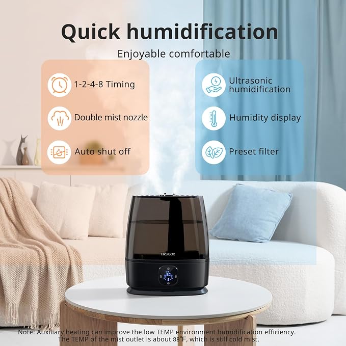 Humidifiers for Bedroom Home, 6L Cool and Warm Mist Air Humidifier for Large Room Baby Nursery, 50H Easy Clean and Top Fill, Quiet with Ultrasonic, Essential Oils, Auto Mode, for House, Black - Image 4