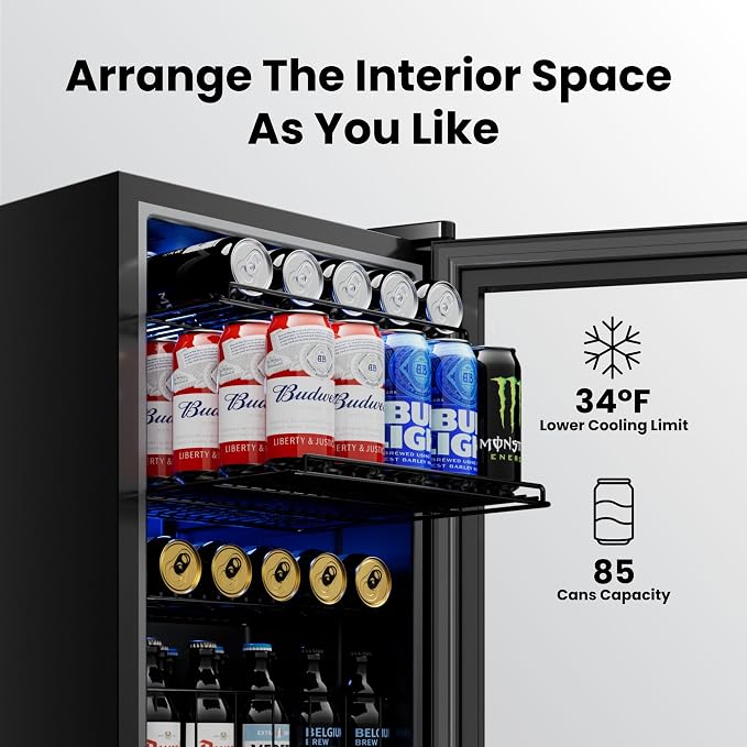 Yeego Beverage Refrigerator Drink Cooler, 85 Cans Mini Fridge Glass Door | Soda Wine Beer Cooler, 34°F To 54°F Temperature Control, for Home Office Bar, Adjustable Shelves,Freestanding, Black - Image 4