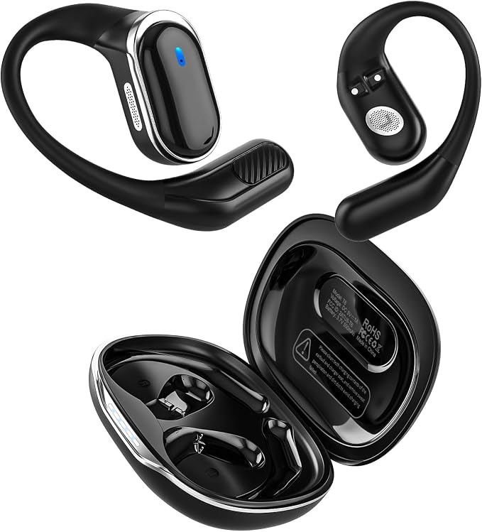 Open Ear Wireless Earbuds Bluetooth Headphones, 80H Playtime Stereo Ear Buds with ENC Noise Cancelling, Fast Charging, IPX7 Waterproof Sports Earphones with Earhook for Running/Workouts (Black) by TRAUSI