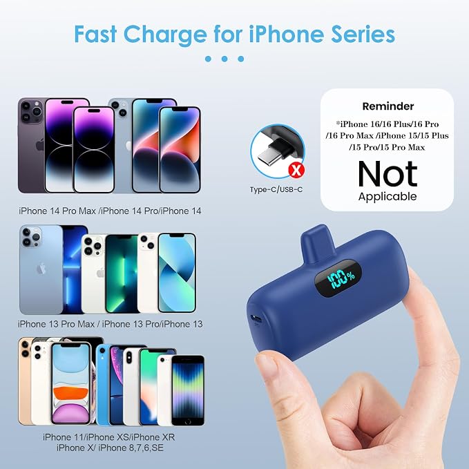 Mini Portable Charger for iPhone,Upgraded 5000mAh PD Fast Charging Battery Pack,LCD Display Cute Power Bank Portable Phone Charger for iPhone 14/14 Pro Max/13/13 Pro/12 Pro/11/XS/XR/X/8/7/6-Deep Blue - Image 2