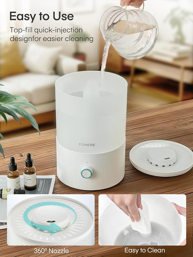 FOHERE Humidifier for Bedroom Baby, 3.2L Top Fill Cool Mist Humidifiers for Nursery, Home, 28H Ultra Quiet Runtime, Auto Shut-Off, Soft 7-Color Night Light, BPA-Free, Essential Oil Tray, White - Image 5